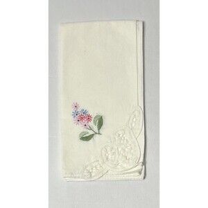 Vintage Hanky / Baby Burp Cloth Pink Flowers White Linen Handkerchief